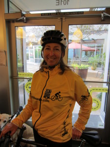 Andrea in full gear at Biking Billboards headquarters across from U Village in Seattle.