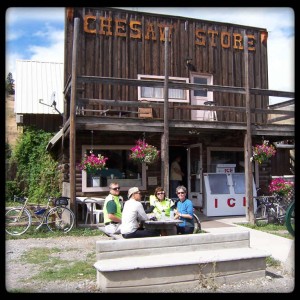 Bike travelers take a break in Chesaw.