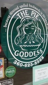 Sign for The Pie Goddess, Enumclaw, WA. Because stressed spelled backward is DESSERTS.