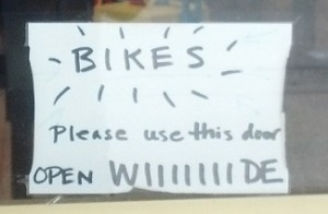 Welcoming sign for bikes at game stop Station 082 in Enumclaw.