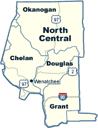 Map of Washington State Department of Transportation North Central Region: Chelan, Okanogan, Douglas, and Grant Counties