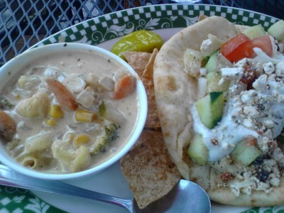 Curried vegetable soup, falafel, Mirkwood Shire and Cafe, vegetarian restaurant in Arlington, WA