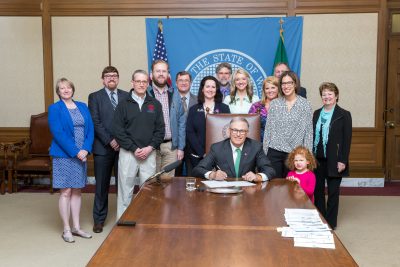 Gov. Inslee signs Substitute Senate Bill No. 5402, May 16, 2017. Relating to the Cooper Jones bicyclist safety advisory council. Primary Sponsor: Marko Liias